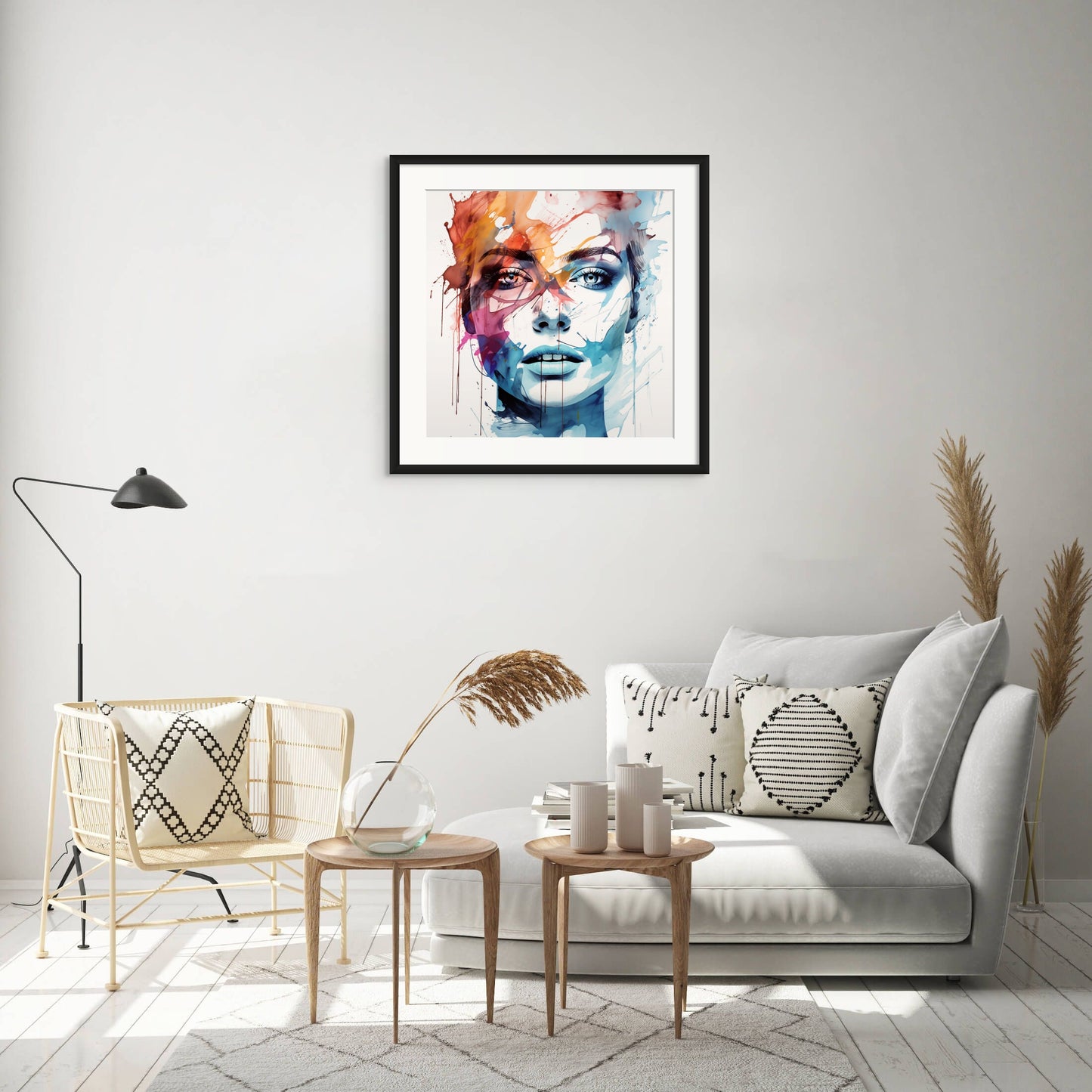 "Elegance in Watercolor" invites you into a world of refined beauty and artistic grace. This fine art print showcases a watercolor portrait with clean lines and delicate color blots, set against a backdrop of serene white. In this captivating artwork, the artist's brush captures the essence of simplicity and sophistication.