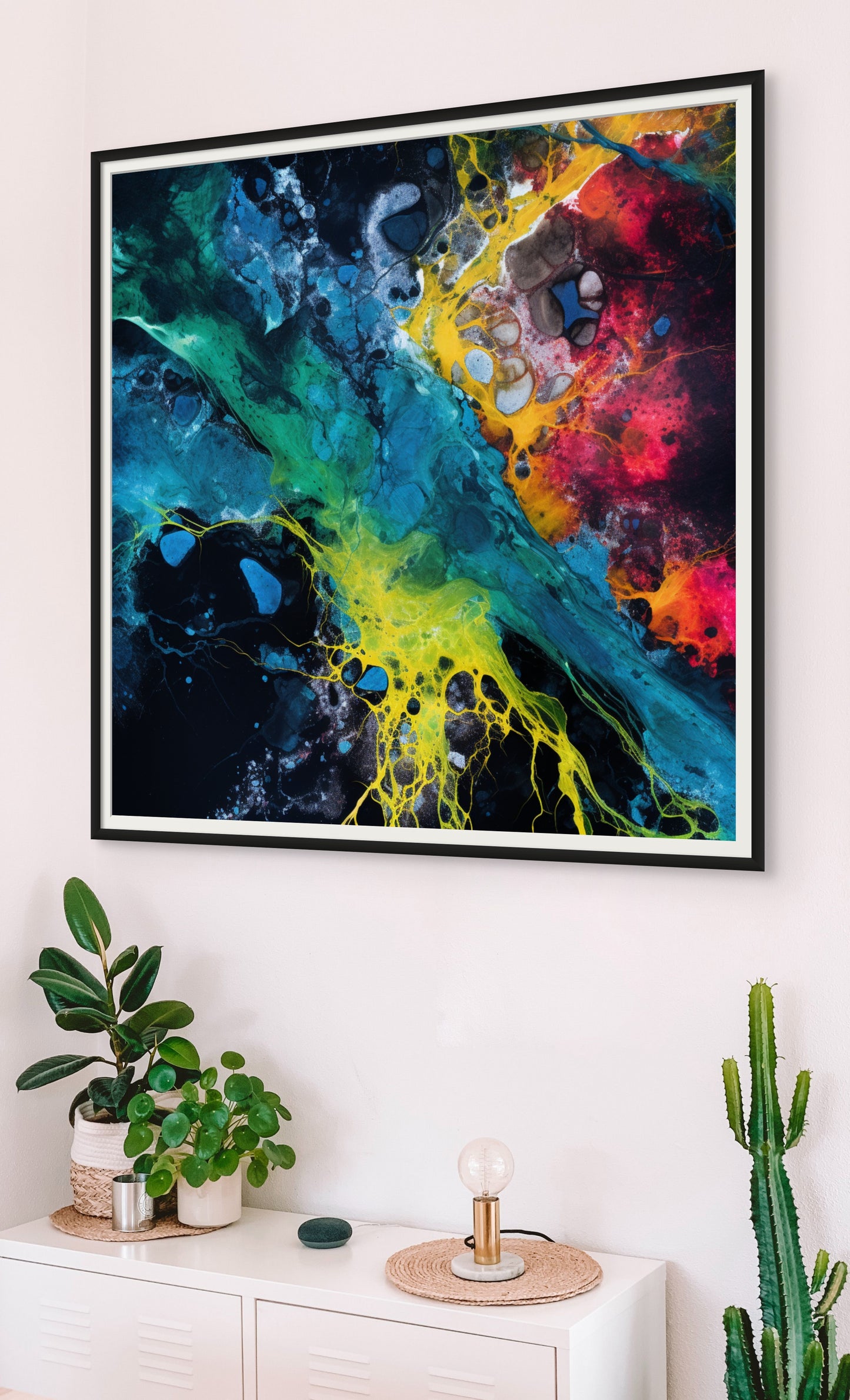 "River Serenity" offers a breathtaking glimpse from above, where nature's masterpiece unfolds in vivid hues of blues, greens, and reds. This fine art print captures the serene beauty of an aerial river vista, inviting you to discover the harmony of colors in the natural world. In this captivating artwork, the artist's vision transforms the landscape into a symphony of vibrant shades.