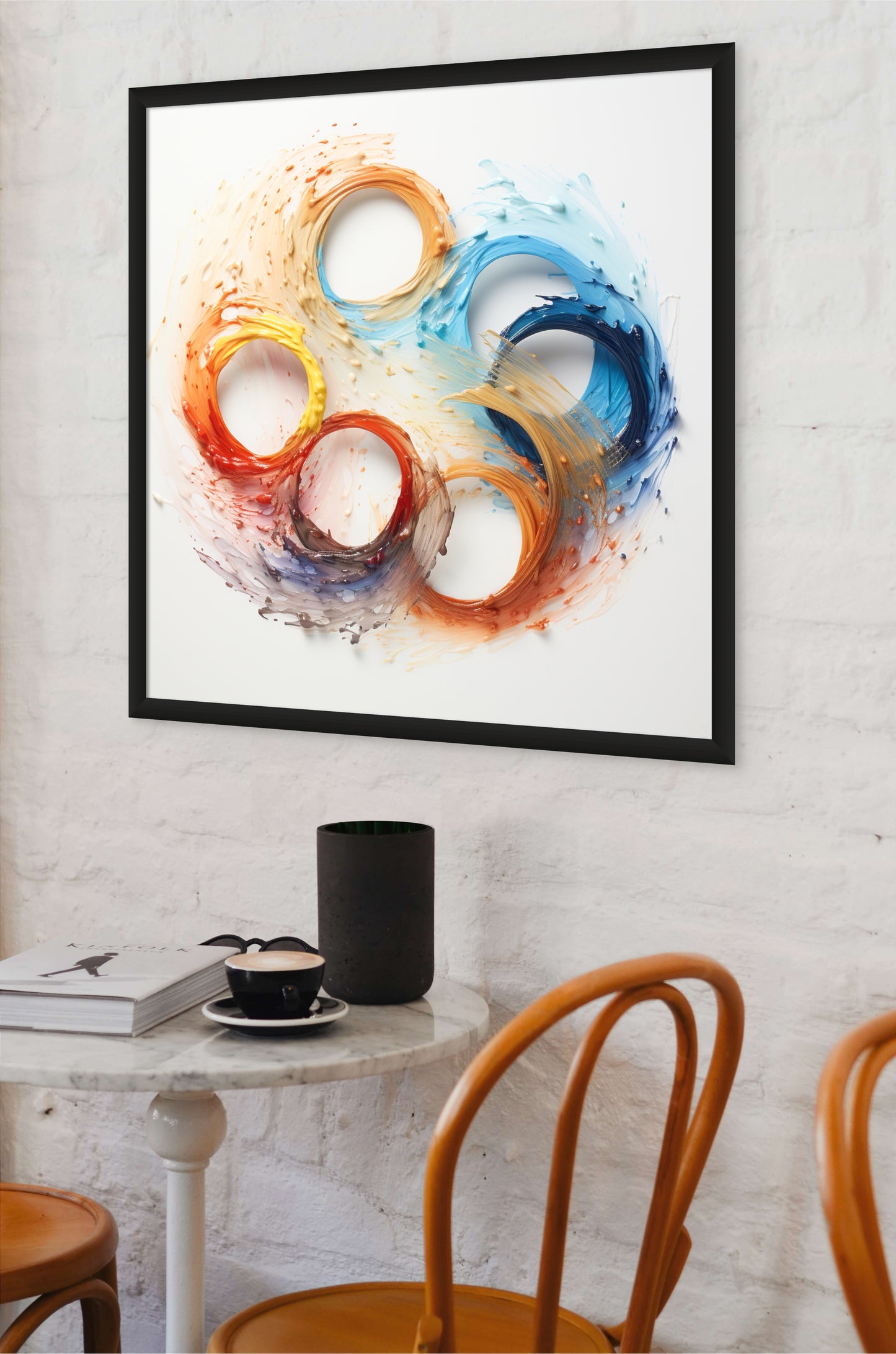 "Tea Stain Symphony" invites you into a world where simple elegance meets boundless creativity. This fine art print showcases a mesmerizing chain of multi-colored circles of paint in a ring, inspired by tea-stains. This is a celebration of the beauty found in the most unexpected moments. In this captivating artwork, the artist's brush transforms everyday stains into a symphony of color and form.